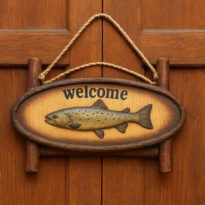 Welcome log house cabin lake Sign with Fish Design 10” x 8 “